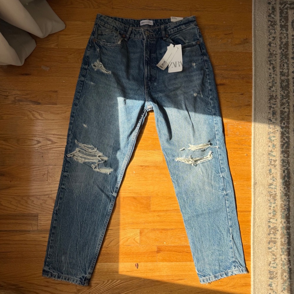 Zara Classic Mom Fit Jeans Women 10 NWT High Rise Distressed Ankle Denim